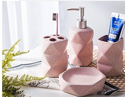 Leop Simple Style Irregular Decorative 4 Pieces Bathroom Accessory Set Sanitary Ware Soap Dish Toothbrush Holder Liquid Soap Dispenser Tumbler, Ceramic,Pink