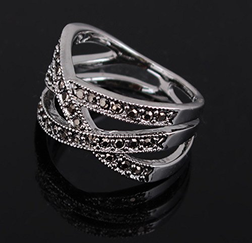 Yfnfxl Womens Vintage Black Marcasite CZ Rhinestone Crossover Stainless Steel Rings