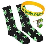 Black Socks Green Leaf Fashion Marijuana Weed Leaf Crew Socks Cannibis Plant Life High Socks , Yellow Wristband and Green Pin