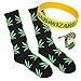 Black Socks Green Leaf Fashion Marijuana Weed Leaf Crew Socks Cannibis Plant Life High Socks , Yellow Wristband and Green Pin