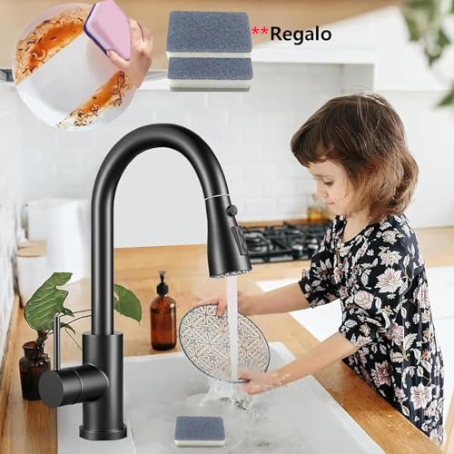 Actualizado Grifo de Cocina de Acero Inoxidable - 1 Mezcladora para Fregadero + 1 Cepillo de Limpieza +1 Paño Limpieza + Otros Accesorios, Grifo Llaves para Fregadero de Cocina Llave Mezcladora Negro