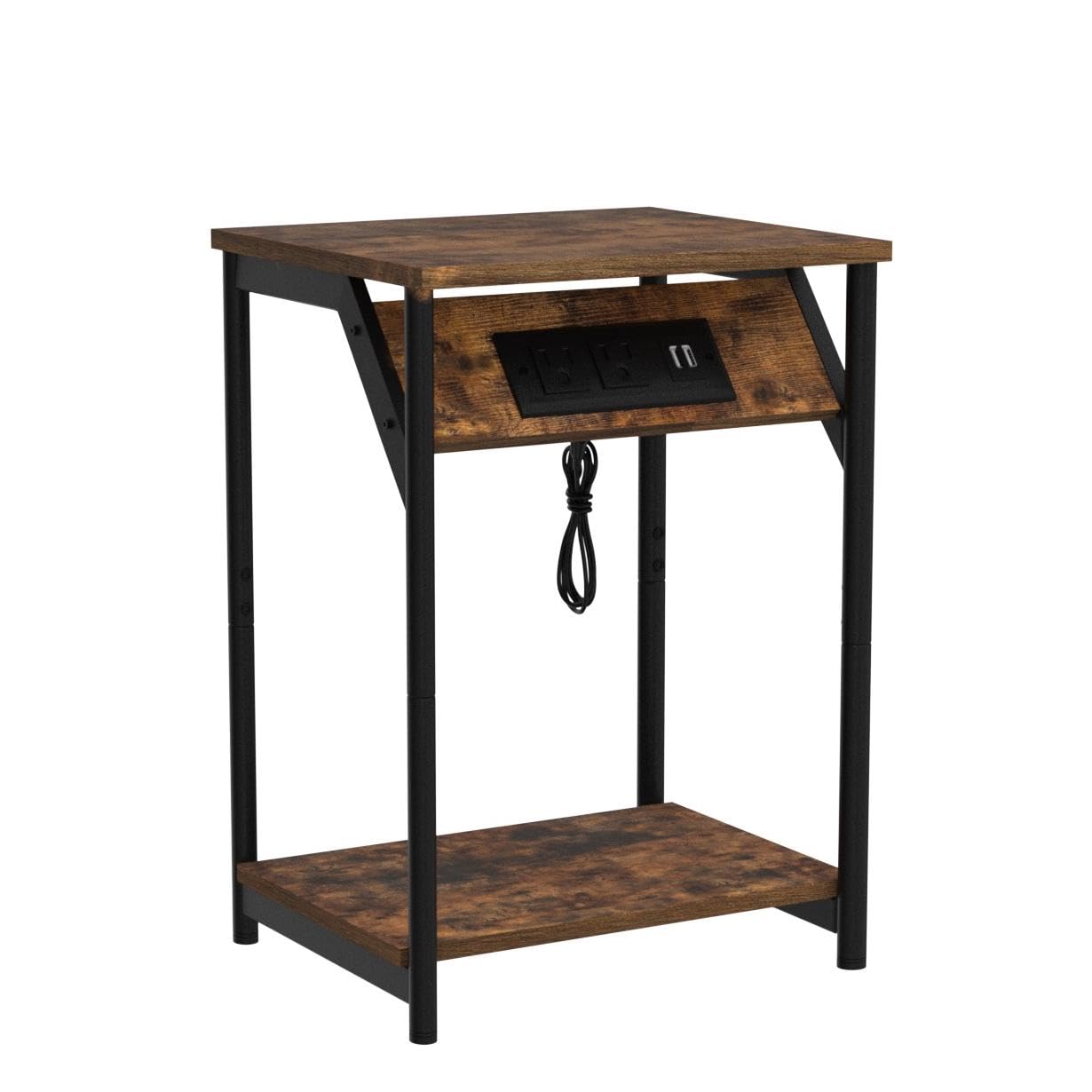 VASAGLE End Table with Charging Station, Small Side Table for Living Room, Bedroom, Nightstand with Outlets and USB Ports, Bedside Table with Storage Shelf, Rustic Brown and Black