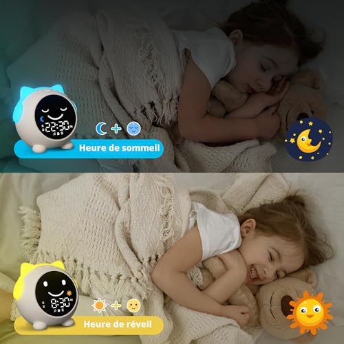MRSCOZ Children's Cat Alarm Clock | Day/Night | Night Light + Soothing Sounds | 2 Alarms & Weekend Mode | Rechargeable | Sleep Aid & Time Learning for Girls / Boys