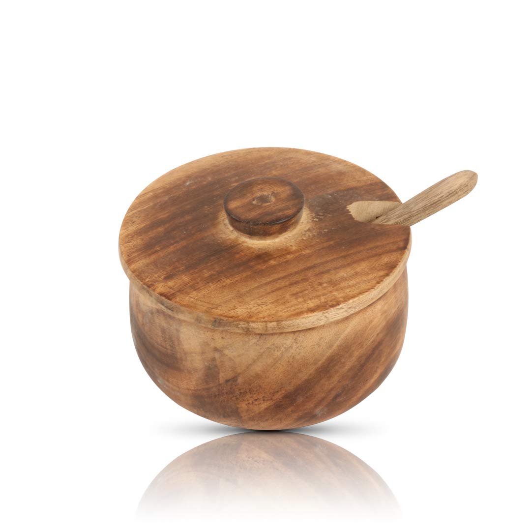 Decorative Rustic Wooden Sugar Bowl & Spoon With Lid Wide Mouth Candy Treat Jar Spice Jar Holder Condiment Nuts Serving Bowl Pot Salt Spice Herb Loose Leaf Tea Storage Container Novelty Home & Kitchen