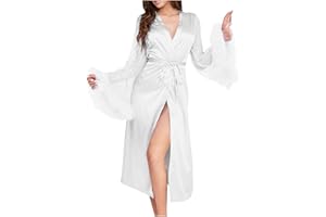 HGps8w Women's Feather Robe Fur Trim Silky Sheer Mesh Sleeve Sexy Lingerie Nightgown Sleepwear for Bridal Wedding Day