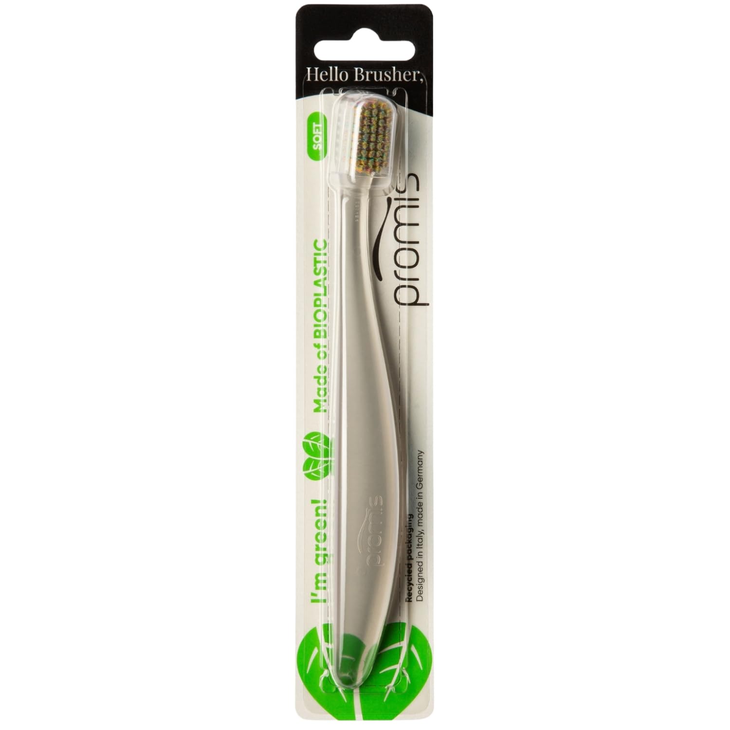 promis brush sustainable toothbrush made from renewable raw materials | bioplastic | soft 6750 bristles | recycled packaging | made in Germany | Italian design | ergonomic handle (singlepack, rainbow)