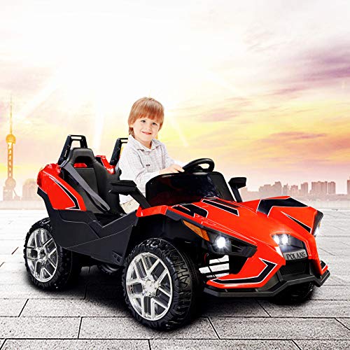 Uenjoy 2 Seats Kids Car 12V Ride On Racer Cars w/Remote Control,Spring Suspension Wheels,4 Speeds,LED Lights,Music,Red