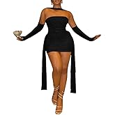 Sexy Strapless Tube Top Mesh Mini Dress for Women Bodycon Ruched Ribbons Birthday Date Night Dresses