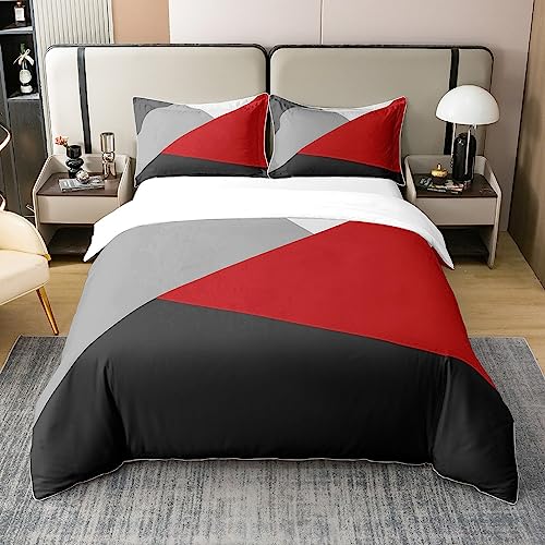 Homewish 100% Baumwolle, Bettwäsche-Set, 220 x 240 cm, Rot / Schwarz / Grau, geometrischer Bettbezug im Patchwork für Kinder, Jungen, Mädchen, Dreieck Einzelbett, moderne Tagesdecke