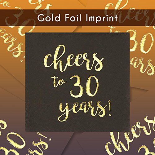 Gold Foil Cheers to 30 Years Black Cocktail Paper Napkins (5 x 5 In, 50