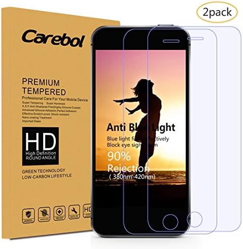 Carebol Anti-Blue Light Premium Tempered Glass Screen Protector for iPhone SE/iPhone5/iPhone5S/iPhone5C [Eye Protect],Explosion-proof screen,High Definition(Pack of 2)