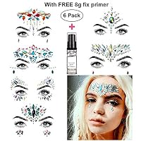 HITOP Face Jewels, 6 Pack Rhinestone Body Jewels Festival with Gel, Rave Mermaid Face Gems, Christmas Party Favors for Girls