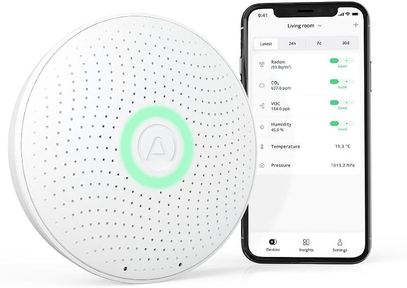 Airthings Wave Plus Radon and Air Quality Monitor - CO2 VOC Humidity Temp