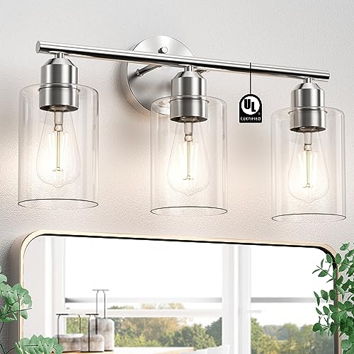 4-Light Brushed Nickel Vanity Light - Clear Hourglass Glass Shades For Bathroom Mirror Lighting
