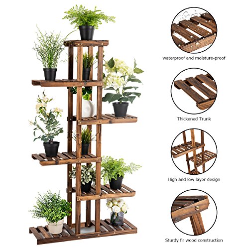Happygrill Plant Stand Flower Rack, Wooden 7 Tier Shelves, Bonsai Display Shelf Stand for Indoor Outdoor Yard Garden Patio