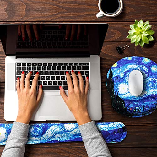 Van Gogh Starry Night Ergonomic Design Mouse Pad with Wrist Rest Hand Support and Keyboard Support. Round Large Mousing Area. Mouse Pad and Keyboard Pad for Laptop, PC Computer & Mac.
