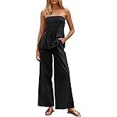 Tankaneo Womens 2 Piece Outfits Summer Strapless Tube Tops Wide Leg Pants Cotton Vacation Pleated Matching Lounge Set