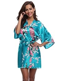 Aibrou bata kimono de satén de pavo real y flores, ropa de cama corta para dama