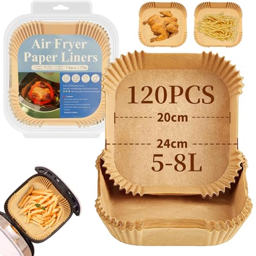 Papel para Freidora de Aire 120 Piezas,RUISTLI Papel Encerado para Alimentos Bandeja de Cuadrada,Encerado para Freidora de Aire 20/24cm Desechable,Adecuado para Microondas,Horno,Vapor