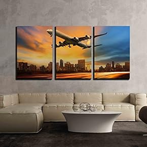 3 Piece Canvas Wall Art - Beautiful Lighting of Vehicle in Land Transportation and Passenger Jet Plane - Modern Home Art Stretched and Framed Ready to Hang - 16"x24"x3 Panels