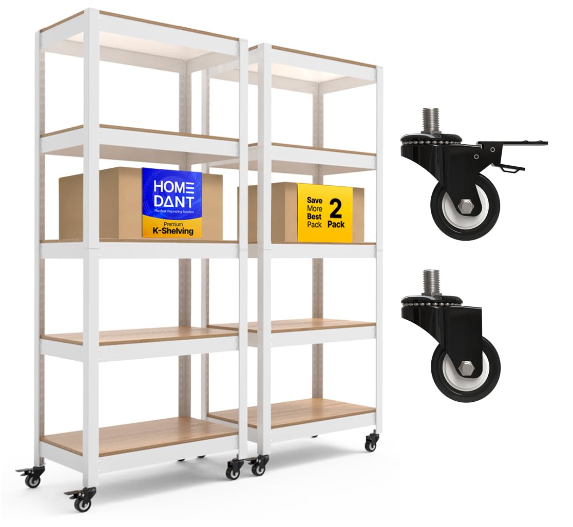 HOMEDANT House 24.4" W 5 Tier Heavy Duty Garage Shelving Adjustable Metal Rack Storage Shelves Standing Shelf Unit Organizers Pantry Closet Office White 2Pack Image