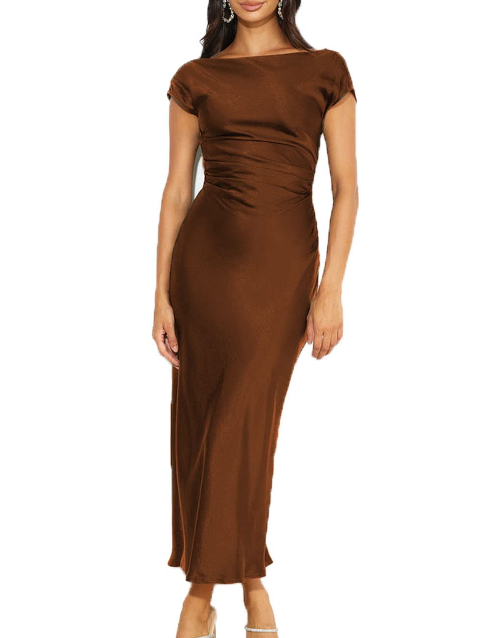 Photo 1 of 2025 Satin Cap Sleeve Cowl Back Summer Dresses for Women Elegant Ruched Waist Wedding Guest Midi Dress Brown