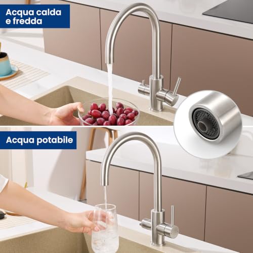 CECIPA Rubinetto Lavello Cucina, Rubinetto Filtro Acqua 3 Vie, 2 Maniglie | Miscelatore Osmosi Cucina per Depuratore, Girevole a 360°, Acqua Calda e Fredda, Acciaio Inox, Spazzolato