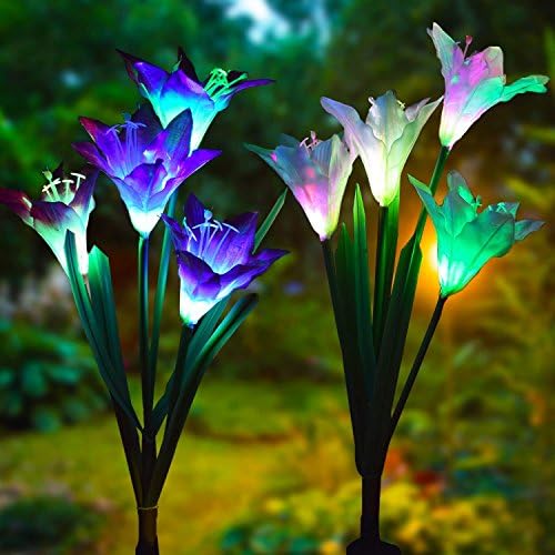 Outdoor Solar Garden Stake Lights,2 Pack Solar Powered Lights with 8 Lily Flower,Multi-Color Changing LED Solar Flower Lights for Decorating Garden, Patio, Backyard (White and Purple)