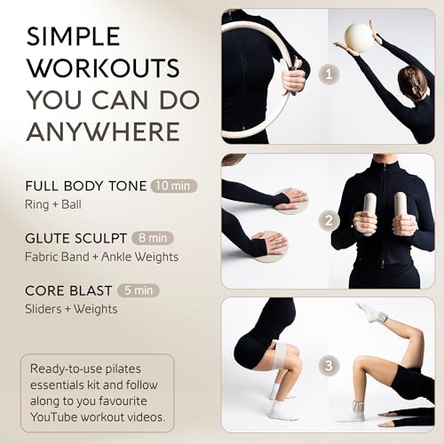 Pilates 101 Essential Pilates Kit & Equipment — Pilates Ring, Mini Ball, Resistance Bands, Hand Weights, Adjustable Ankle & Wrist Weights, Gliding Discs | 7-Piece Studio-Quality Set for Home & Studio