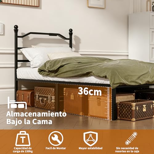 INICO Base de Cama Individual, Marco de Cama Metálico con Metal, Recamara Individual con Cabecero de Metal,Bases Cama con Soporte Lamas Metálicas con 1 Salidas de CA y 1 USB y 1 Type-c 190m*96cm*36cm
