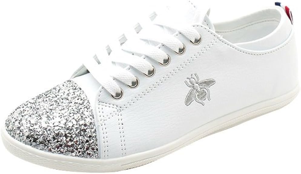 Amazon ヴィヴィッドレディ Vividlady蜂刺繍グリッタースニーカーレディース 刺しゅう ぺたんこ ローカット レースアップ 春夏 ヒール 2cm きらきらグリッター 履きやすい お洒落 美脚 通学 通勤 シンプル 可愛い レディースシューズ Shdo50 Vivid Lady ビビッド