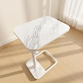 GOYLSER C Shaped Tv Trays Living Room End Table End Stand, White Marble Minimalist Wooden C Table for Sofa, Height Adjustable Tv Tray Tables Side Table for Dinner Eating