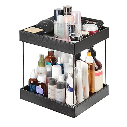 JackCubeDesign 360 Rotating Leather Makeup Cosmetics Organizer Display Rack Nail Polish Storage Tray Box Carousel Shelf(2 Tier, Wood, 9.53 x 9.53 x 11.34 inches) – :MK221A - Thumbnail 7