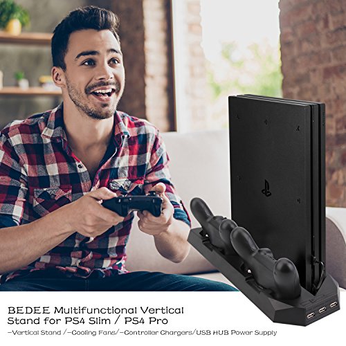 PS4 Slim / PS4 Pro Vertical Stand Charger with Cooling Fans Dual Controllers Charging Station, USB HUB for Sony PlayStation 4 Slim / Pro Game Console Dualshock4 BEDEE Upgraded ( Not for Regular PS4)