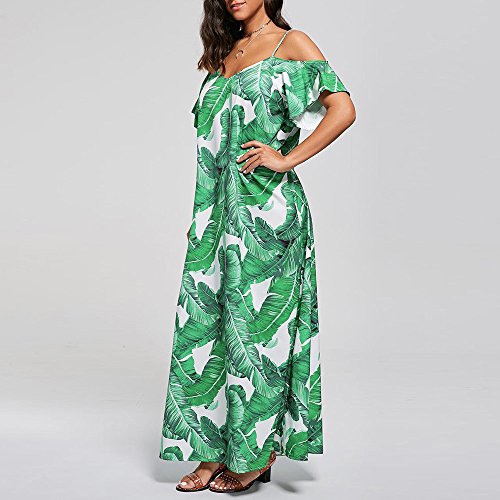 Mysky Summer Women Casual Leaf Print Short Sleeve Long Dress Ladies Popular Off The Shoulder Beach Sling Loose Dress Green