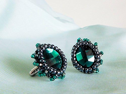 Bead Embroidered Cufflinks with Emerald Green Swarovski Rhinestones for Him / for Her. Ladies Women Cuff Links. Gift Idea For Him. Free shipping USA &amp; Canada
