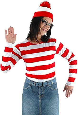 JerriyCostumes Adult Where's Waldo Costume Funny Sweatshirt Outfit Glasses Suits