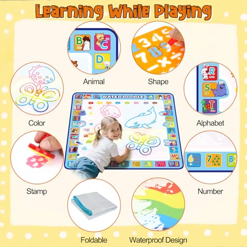 Tobeape® 100 X 100 cm Extra Large Aqua Magic Doodle Mat, Colorful Educational Water Drawing Doodling Mat Coloring Mat for Kids Toddlers Boys Girls Age of 3 4 5 6 7 8
