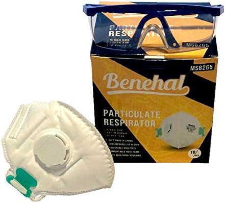 Benehal N95 Dust Mask with 3M Safety Glasses for Eye Protection, NIOSH certified Respirator Mask with Air Filter, Disposable Box of 10, for Smoke, Construction, Pollution, Painting and Woodworking