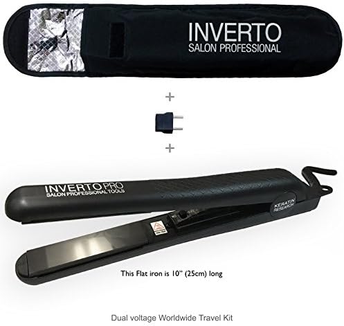 INVERTO Pro 1" BLACK Polished Ceramic Gliding Plates Flat Iron Hair Straightener Curler, Real Thermal Pouch, Euro Travel Dual Voltage 110v-220v 450F for Keratin Treatment and Hair Curling