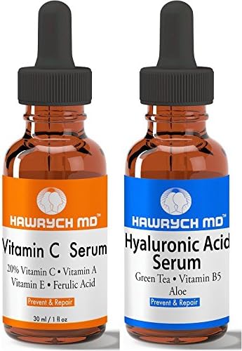 HAWRYCH MD Vitamin C and Hyaluronic Acid Serum Set The Best Anti Aging Serums Diminish Lines Wrinkles and Hydrate Skin (1 oz each)