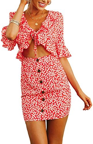 STKAT Women's Summer Floral Printed Ruffle Sleeve Tie Front Button Down Beach Short Dress