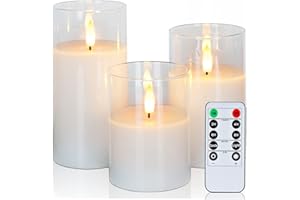 Amagic Clear Glass Flameless Candles Battery Operated with Timer, Remote Control, LED Pillar Candles, Battery Powered, Pure White Wax, Set of 3