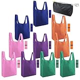 Reusable Grocery Shopping Bags Foldable Totes 10 Pack With Zipper Bags 50LBS XLarge Bags with Elastic Cute Gift Bags Machine Washable Lightweight Sturdy Navy Teal Purple Orange Red