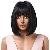 MAGQOO Black Wig for Women Black Bob Wig with Bangs Short Straight Black Wigs Synthetic Cosplay Party Wig with Wig Cap