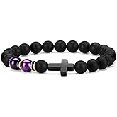 Byson Fashion Religion Cross Men Women 8mm Natural Stone Tiger Eye & Black Matte Agate Beads Bracelet Elastic Bracelet Bangle
