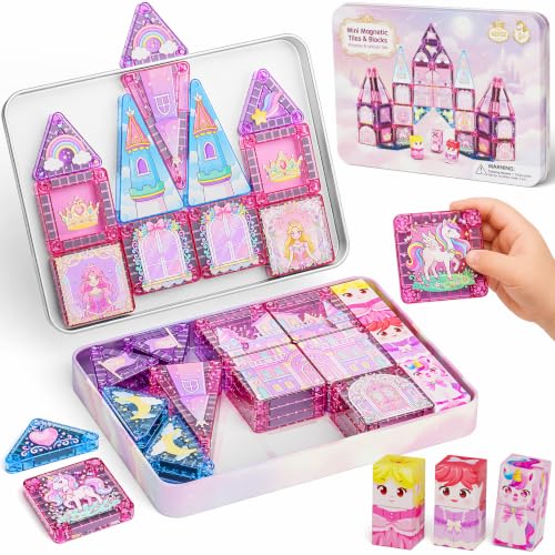 YOGOHEE Magnetic Travel Bricks for Girls: 42 Pieces Princess and Unicorn Tiles in Portable Metal Box as Mobile Building Platform for Car, Plane, Train, Toy