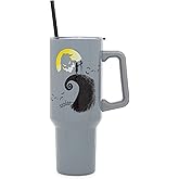 Silver Buffalo Disney Nightmare Before Christmas Featuring Oogie Boogie, Jack Skellington, and Sally Double Walled Stainless Steel Tumbler with Handle and Straw, Fits in Standard Cup Holder, 40 Ounces