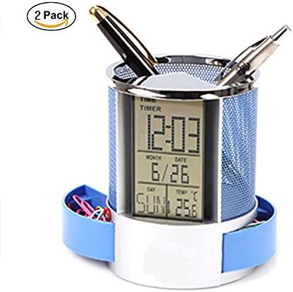 Jia Jia Trade Portable Desk Pencil Cup Desktop Perpetual Calendar Temperature LCD Alarm Clock Pen cilp Holder for Home Office (Blue-2pack)
