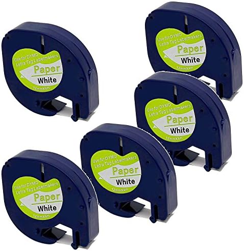 Royplus Label Tape Cassettes Self-Adhesive Paper Labeling Tape Refills for Dymo LetraTag Label Makers, Black Print on White, 1/2'' W x 13' L, 5 Rolls